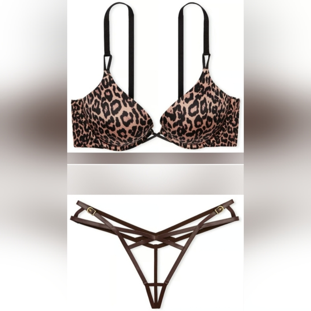 34B/M VS Bombshell PushUp Bra Faux Leather Crotchless Thong Panty Set